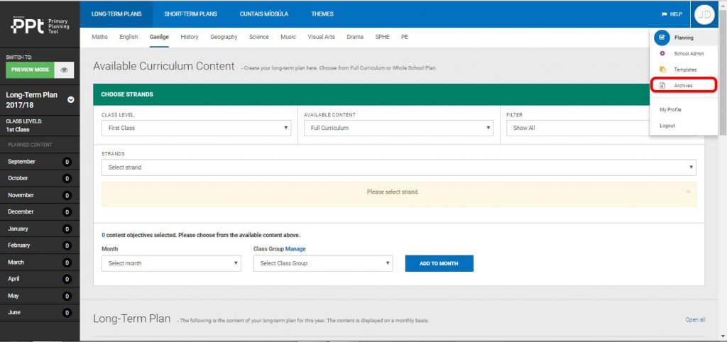 Accessing the Primary Planning Tool Archive 