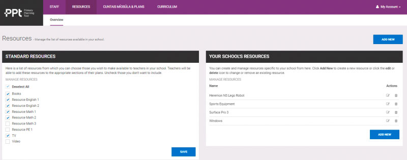 Primary Planning Tool - Resources screen